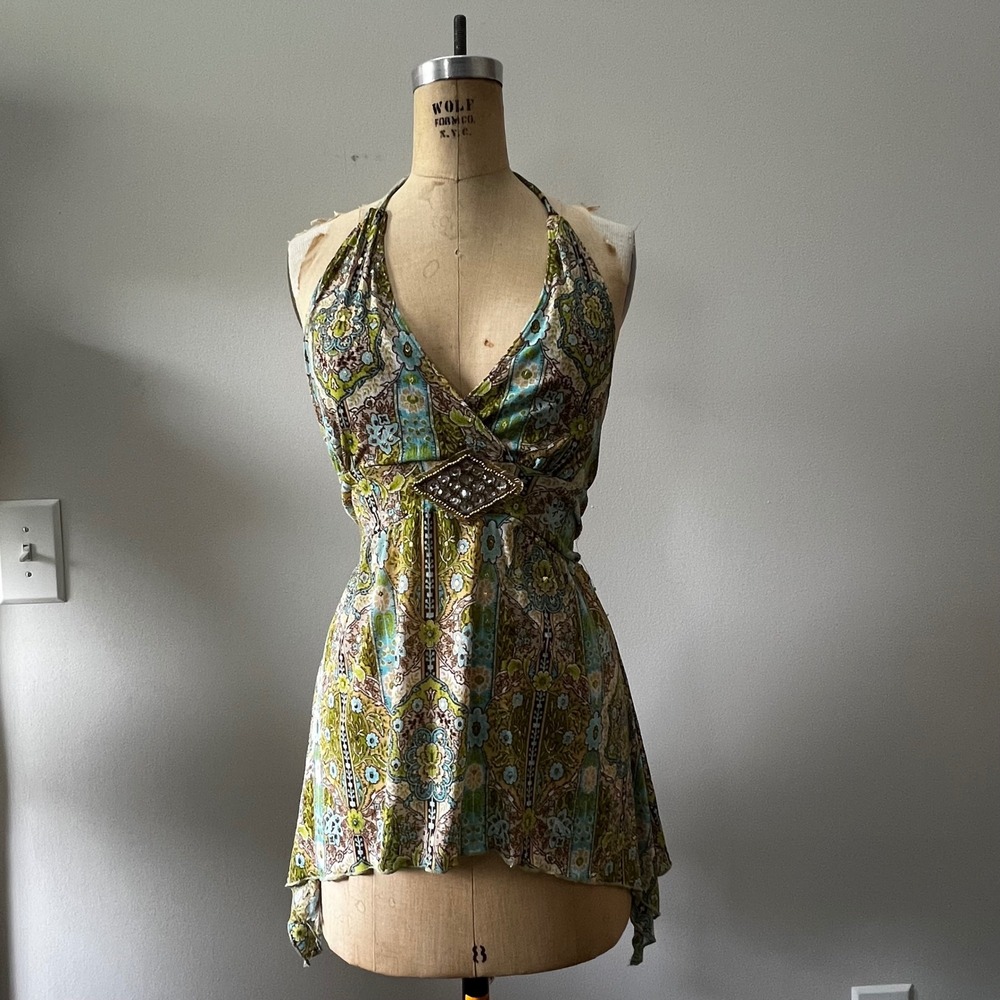 Vintage Y2K Newport Paisley Halter Top Rhinestone Handkerchief Fairy Grunge